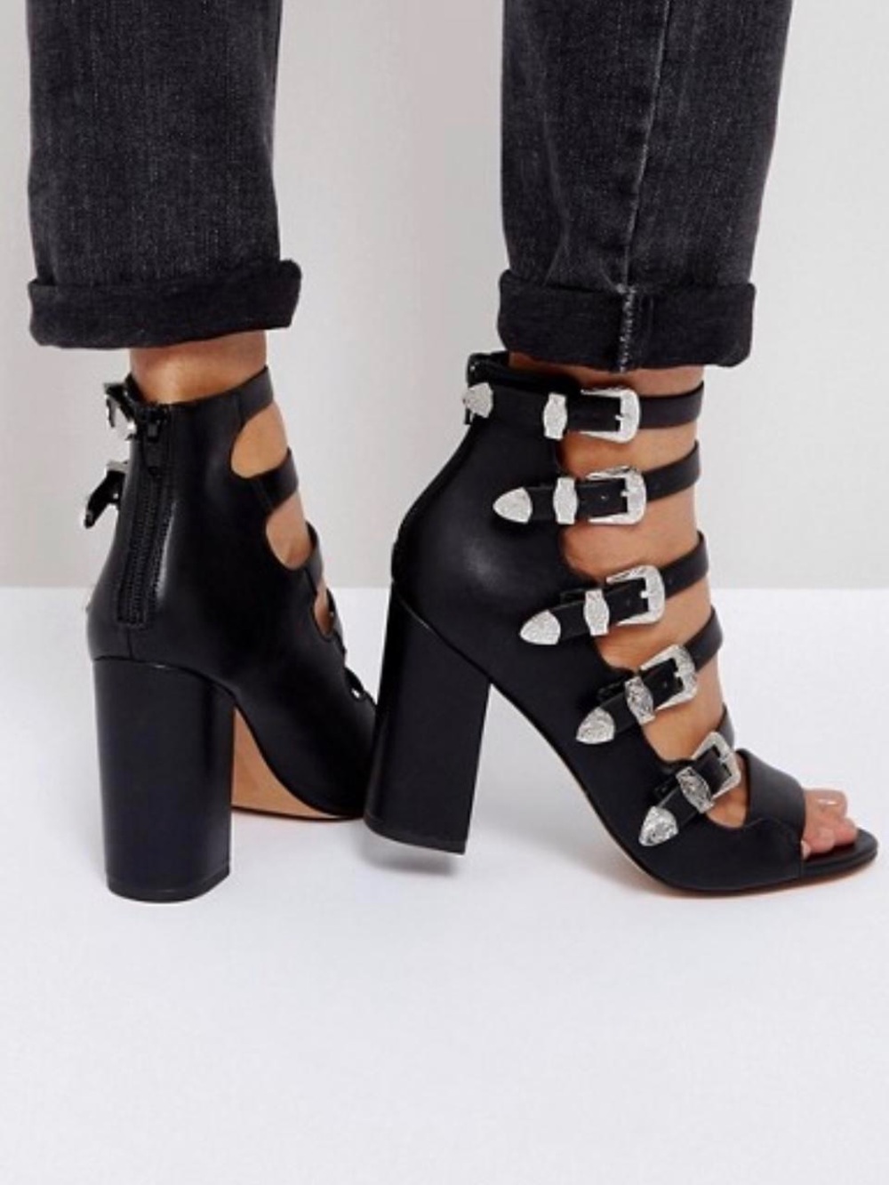 Black Strappy Buckle Block-Heel